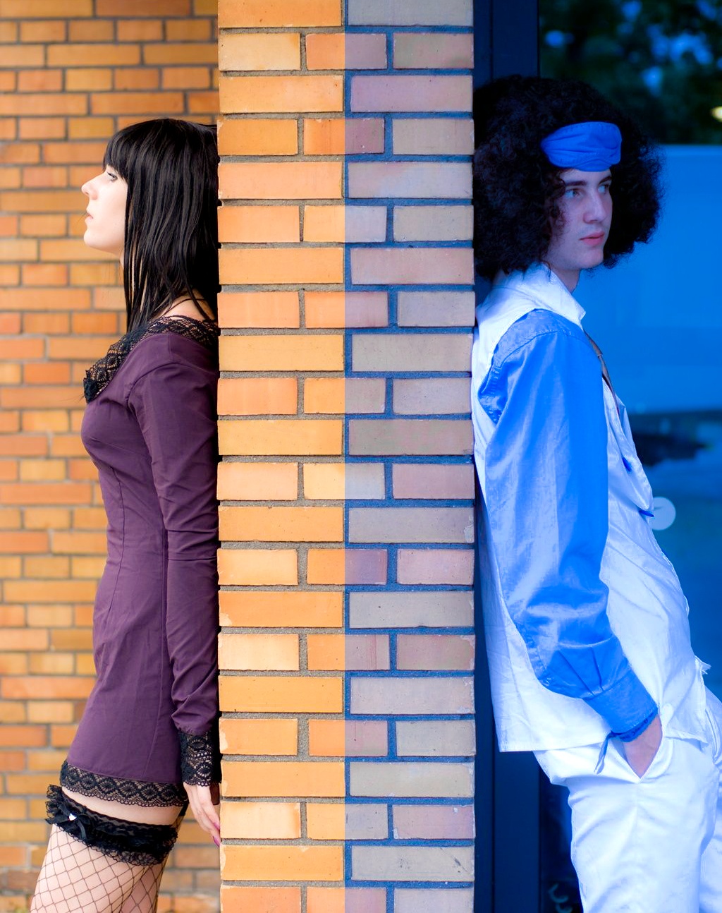 1boy 1girl black_hair brick_wall cosplay dress fishnets highres kuzan_(aokiji) kuzan_(aokiji)_(cosplay) leaning nico_robin nico_robin_(cosplay) nico_robin_(thriller_bark) one_piece photo_(medium) pirate shigeako sleep_mask vest waistcoat