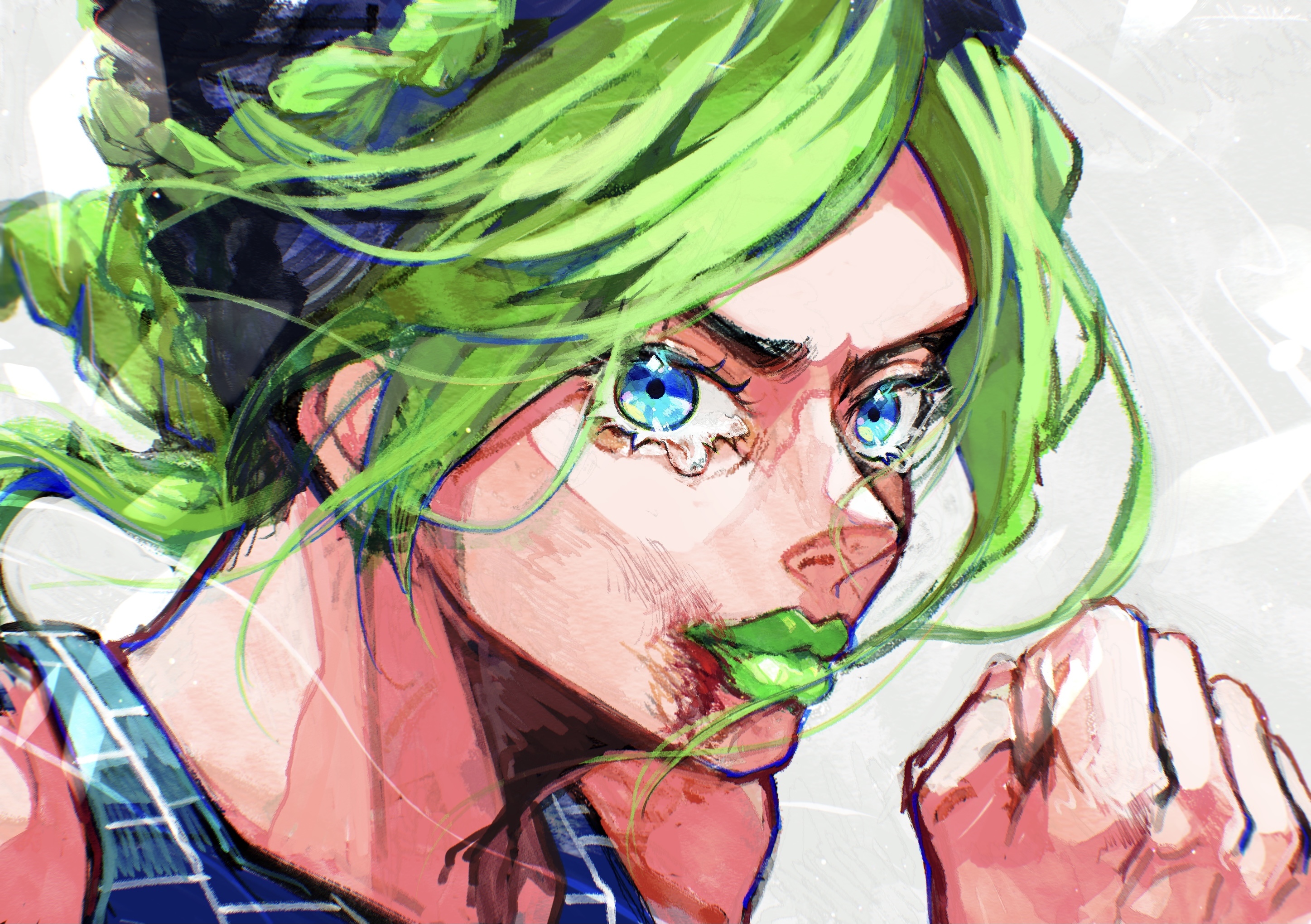 1girl black_hair blood blood_from_mouth blue_eyes braid clenched_hand closed_mouth double_bun green_hair green_lips hair_bun highres jojo_no_kimyou_na_bouken kuujou_jolyne looking_at_viewer messy_hair multicolored_hair natchan_blue_(nanairopenki) patterned_clothing smirk solo stone_ocean tank_top tearing_up tears two-tone_hair