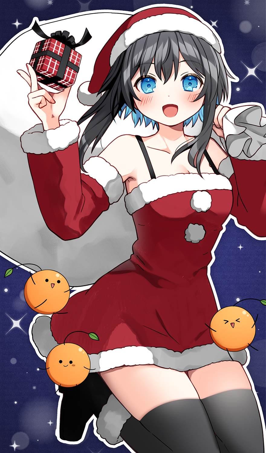 1girl :d arm_up bare_shoulders black_boots black_hair blue_background blue_eyes blue_hair blush boots box breasts cleavage collarbone commentary_request detached_sleeves dress fur-trimmed_boots fur-trimmed_dress fur-trimmed_headwear fur-trimmed_sleeves fur_trim gift gift_box grey_thighhighs hair_between_eyes hat highres holding holding_gift holding_sack indie_virtual_youtuber kurata_rine kurata_rine_(vtuber) long_hair looking_at_viewer medium_breasts multicolored_hair open_mouth red_dress red_hat red_sleeves sack santa_costume santa_hat short_hair_with_long_locks smile solo thighhighs thighhighs_under_boots two-tone_hair virtual_youtuber