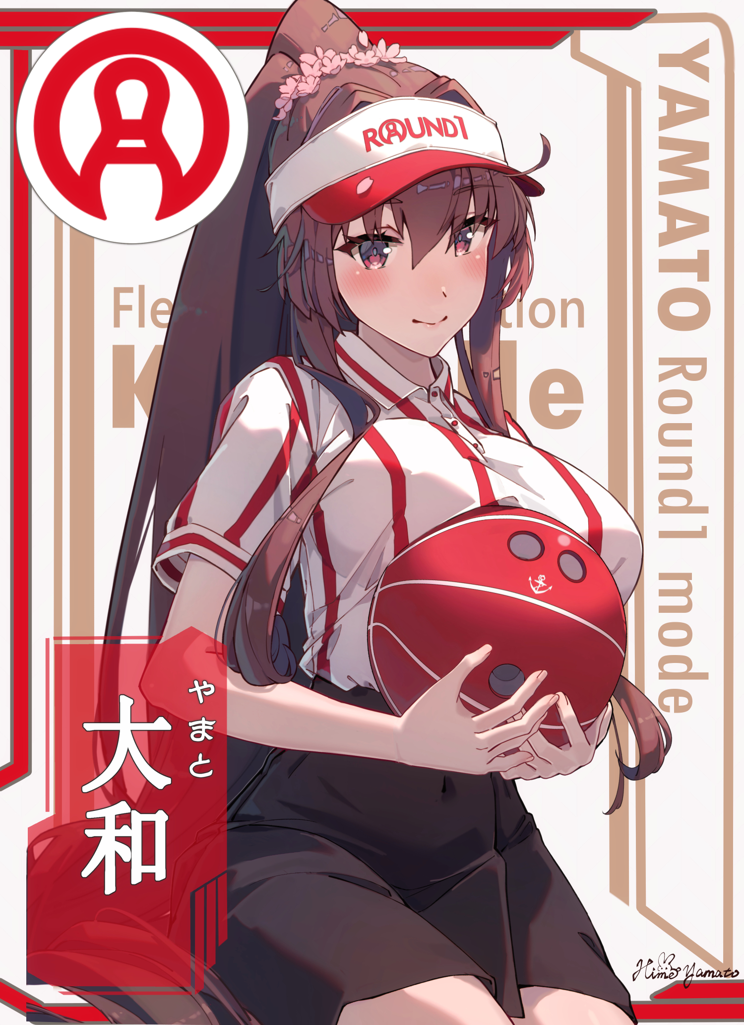 1girl alternate_costume artist_name ball black_skirt black_socks bowling bowling_ball breasts brown_hair cherry_blossoms commentary_request english_text flower hair_between_eyes hair_flower hair_intakes hair_ornament headgear highres himeyamato holding holding_ball kantai_collection large_breasts long_hair miniskirt mixed-language_commentary ponytail red_eyes shirt short_sleeves sidelocks skirt smile socks solo striped_clothes striped_shirt translated umbrella vertical-striped_clothes vertical-striped_shirt very_long_hair visor_cap yamato_(kancolle)