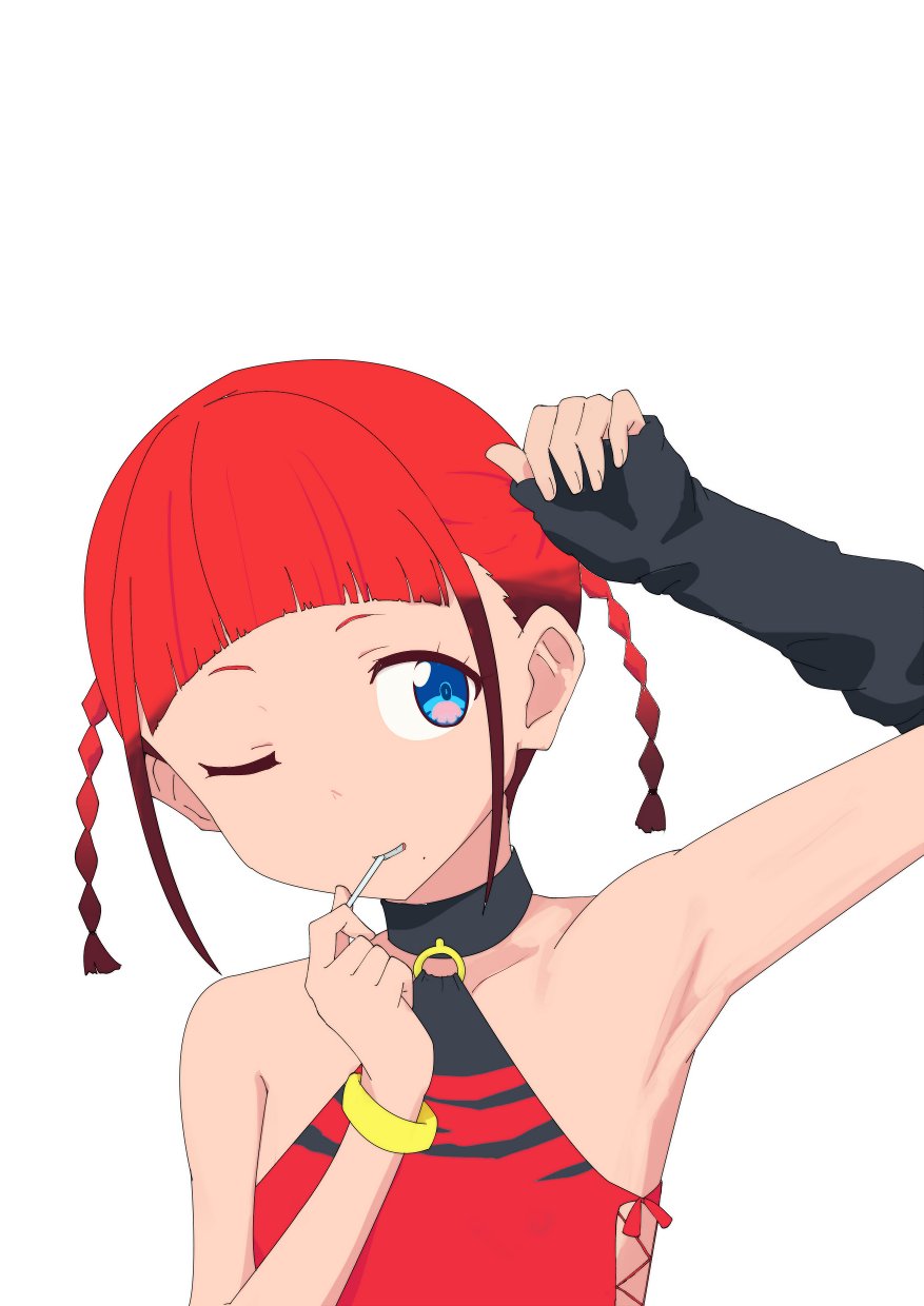 1girl arm_up armpits asukagawa_chise bare_shoulders blue_eyes bracelet braid candy choker detached_sleeves flat_chest food gobanme_no_mayoi_neko gridman_universe highres jewelry lollipop mole mole_under_mouth multicolored_hair o-ring one_eye_closed red_hair sidelocks solo ssss.dynazenon twin_braids two-tone_hair