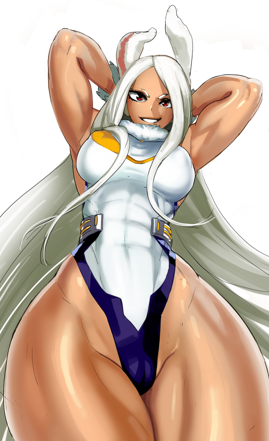 1girl abs aka6 animal_ears arms_behind_head boku_no_hero_academia breasts dark-skinned_female dark_skin female_focus highleg highleg_leotard highres large_breasts leotard long_hair mirko muscular muscular_female rabbit_ears rabbit_girl red_eyes skin_tight smile solo thick_thighs thighs white_background white_hair white_leotard wide_hips