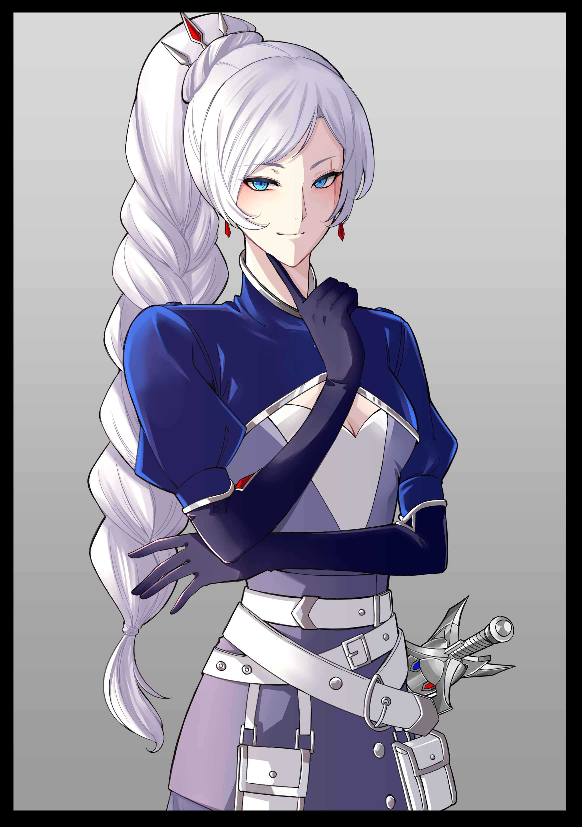 1girl absurdres belt black_border blue_eyes border braid braided_ponytail breasts cleavage closed_mouth earrings elbow_gloves gloves hair_ornament high_braided_ponytail highres index_finger_raised jewelry jindianjun000 light_smile long_hair looking_at_viewer myrtenaster pouch rwby scar scar_across_eye scar_on_face shrug_(clothing) small_breasts solo sword tiara very_long_hair weapon weiss_schnee white_belt white_hair