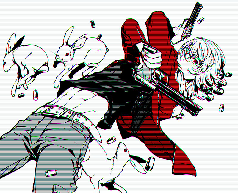 1boy abs animal arms_up barnaby_brooks_jr. belt belt_buckle black_shirt buckle clothes_lift commentary_request cowboy_shot dual_wielding glasses gun handgun holding holding_gun holding_weapon jacket leaning_back long_sleeves looking_at_viewer male_focus midriff minamida navel parted_lips rabbit red_eyes red_jacket rimless_eyewear shell_casing shirt shirt_lift simple_background solo spot_color tiger_&amp;_bunny unzipped wavy_hair weapon white_background zipper