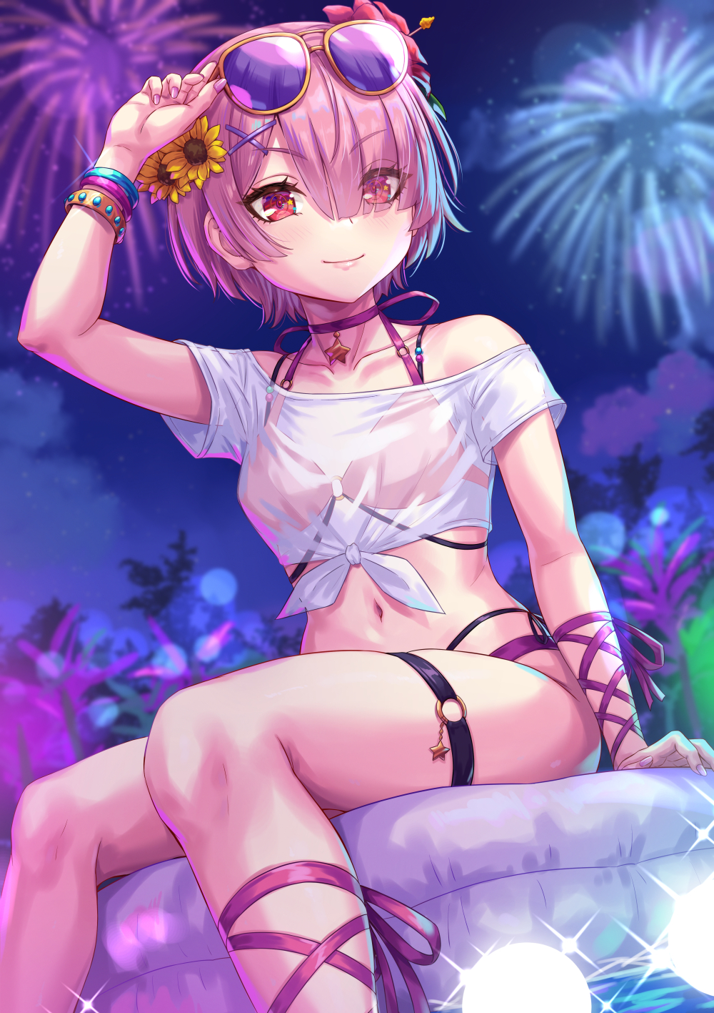 1girl aerial_fireworks bangle bikini bikini_visible_through_clothes bracelet closed_mouth collarbone eyes_visible_through_hair eyewear_on_head fireworks flower hair_flower hair_ornament hair_over_one_eye highres innertube jewelry leg_ribbon navel o-ring o-ring_bikini o-ring_thigh_strap pink_eyes pink_hair purple_ribbon ram_(re:zero) re:zero_kara_hajimeru_isekai_seikatsu ribbon sakiyamama shirt short_hair solo star_(symbol) sunflower sunflower_hair_ornament sunglasses swim_ring swimsuit thigh_strap tied_shirt white_shirt wrist_ribbon