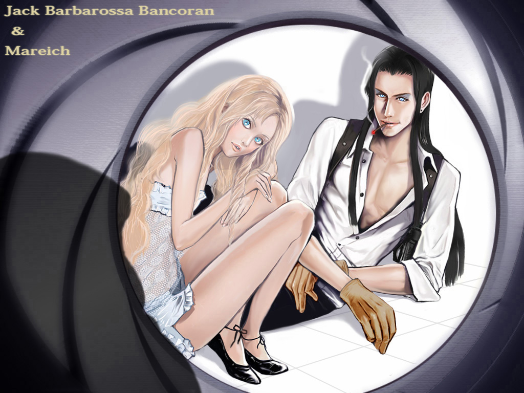 2boys androgynous bare_legs bare_shoulders black_footwear black_hair blonde_hair blue_eyes brown_gloves character_name cigarette ebba gloves jack_barbarosa_bancoran long_hair maraich_juschenfe multiple_boys patalliro! realistic shirt shoes sleeves_rolled_up smoke smoking squatting trap unbuttoned wavy_hair white_shirt