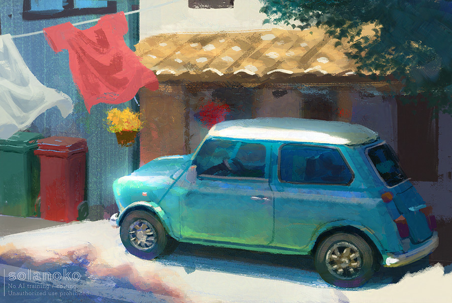 blue_car building car clothesline day mini_cooper motor_vehicle no_humans original outdoors red_shirt scenery shirt solanoko t-shirt trash_can vehicle_focus