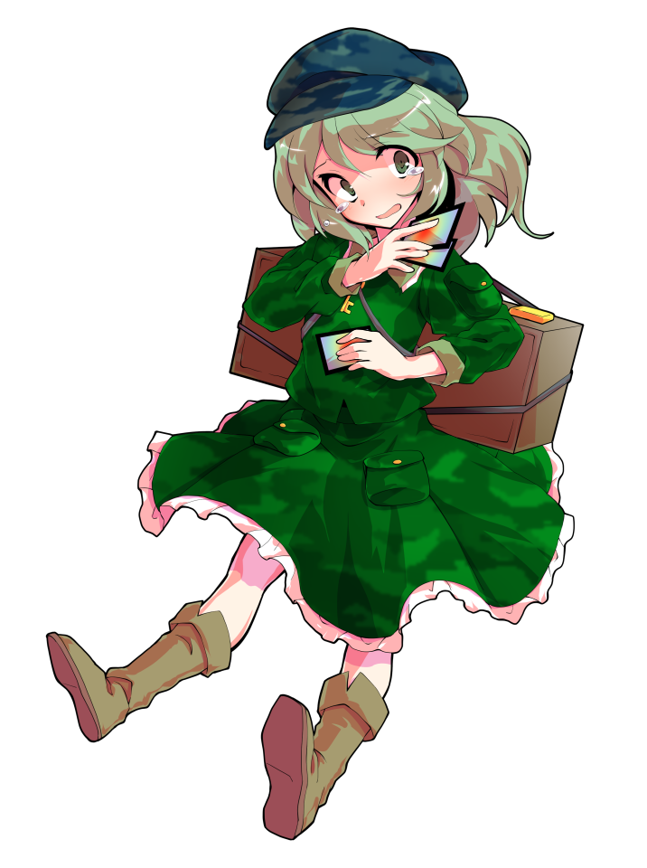 1girl ability_card_(touhou) alphes_(style) backpack bag blue_hat blush boots brown_boots camouflage camouflage_shirt camouflage_skirt card collared_shirt commentary_request contrast_collar dairi flat_cap frilled_shirt_collar frilled_skirt frills full_body green_eyes green_hair green_shirt green_skirt hat holding holding_card jewelry key key_necklace large_variant_set looking_at_viewer necklace open_mouth parody pocket shirt short_hair skirt skirt_set solo style_parody tachi-e tears touhou transparent_background variant_set yamashiro_takane