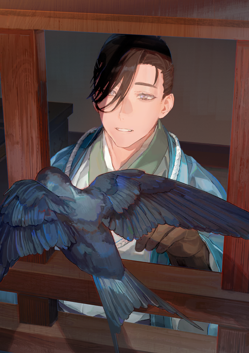 1boy animal aqua_haori bird brown_gloves brown_hair fate/grand_order fate_(series) from_above from_outside game_cg gloves green_kimono grey_eyes hair_between_eyes hair_over_one_eye hand_up haori japanese_clothes kibadori_rue kimono looking_at_animal male_focus official_art parted_lips short_hair solo teeth third-party_source upper_body yamanami_keisuke_(fate)