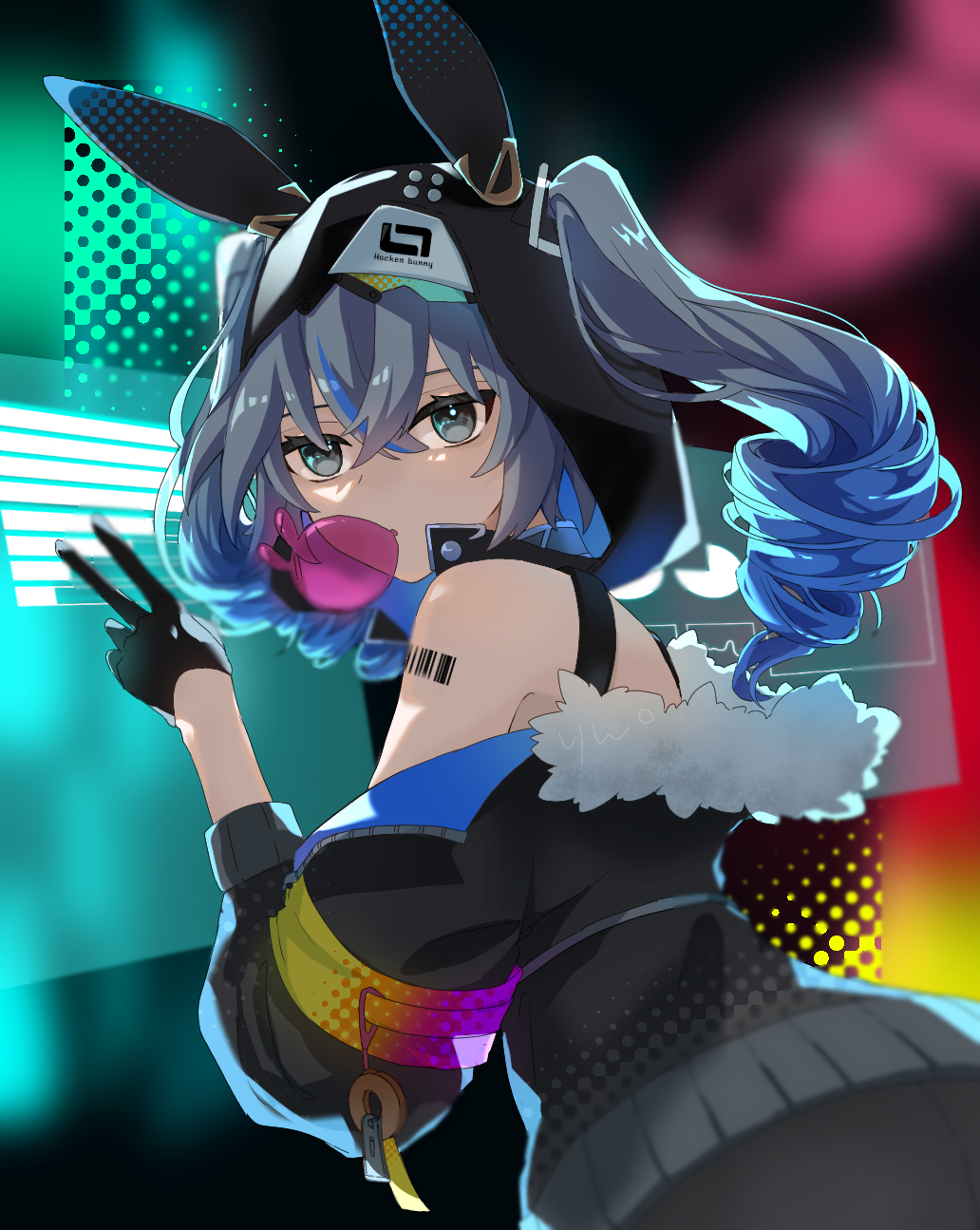 1girl barcode barcode_tattoo bare_shoulders black_gloves black_jacket blowing_bubbles blue_hair bronya_zaychik bronya_zaychik_(haxxor_bunny) drill_hair fur-trimmed_jacket fur_trim gloves gradient_hair grey_eyes grey_hair highres honkai_(series) honkai_impact_3rd hood jacket long_hair long_sleeves looking_at_viewer multicolored_hair off_shoulder solo tattoo twintails ufo_(23494318) upper_body v