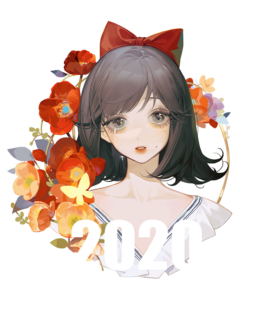 1girl 2020 blunt_bangs bow brown_hair bug butterfly chinese_commentary collarbone commentary_request cropped_torso crying crying_with_eyes_open dated_commentary dress eyelashes eyeshadow flower flower_request frilled_dress frills ginxiee gleam grey_eyes grey_eyeshadow hair_bow insect leaf light_blush lipstick loose_hair_strand makeup mole mole_above_mouth mole_under_eye multiple_moles orange_flower original parted_lips purple_flower red_bow red_flower red_lips sad short_hair simple_background solo streaming_tears swept_bangs tears teeth v-neck white_background white_dress yellow_butterfly