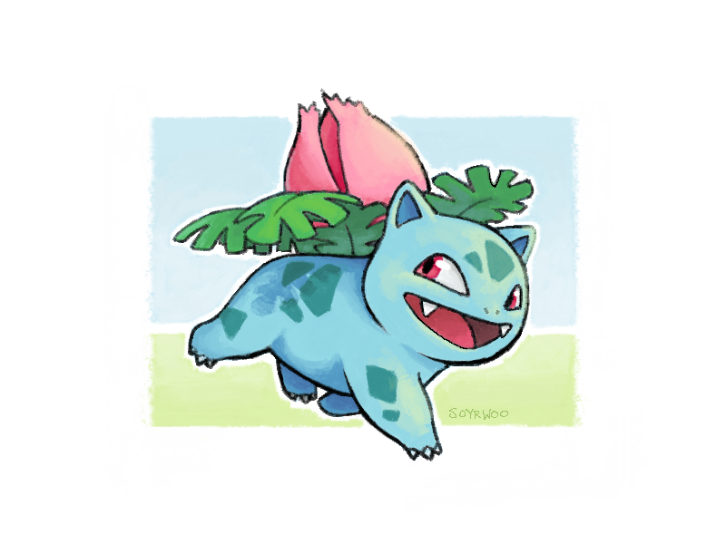 animal_focus border claws fangs full_body game_freak gen_1_pokemon ivysaur microsoft_paint_(medium) nintendo no_humans nostrils open_mouth outline pokemon pokemon_(creature) red_eyes signature solo soyrwoo walking white_border white_outline