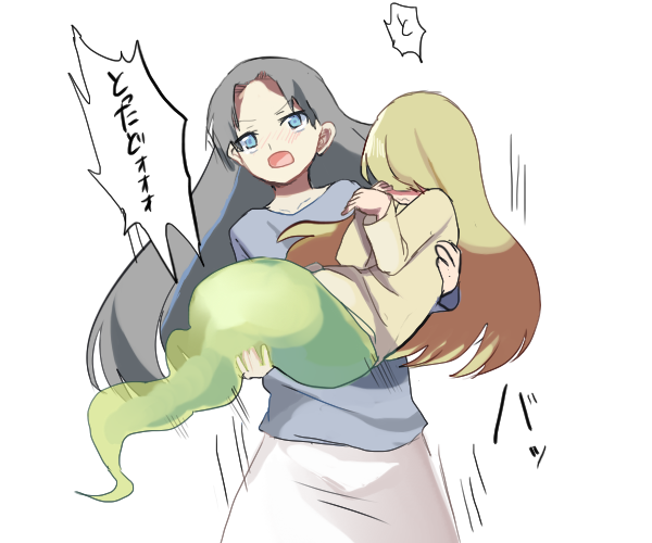 2girls amnesia_(yume_nikki) black_hair blue_eyes brown_hair carrying crossover funetsuki ghost long_hair long_skirt multiple_girls princess_carry simple_background skirt tec_(game) toritsuki translation_request triangular_headpiece very_long_hair