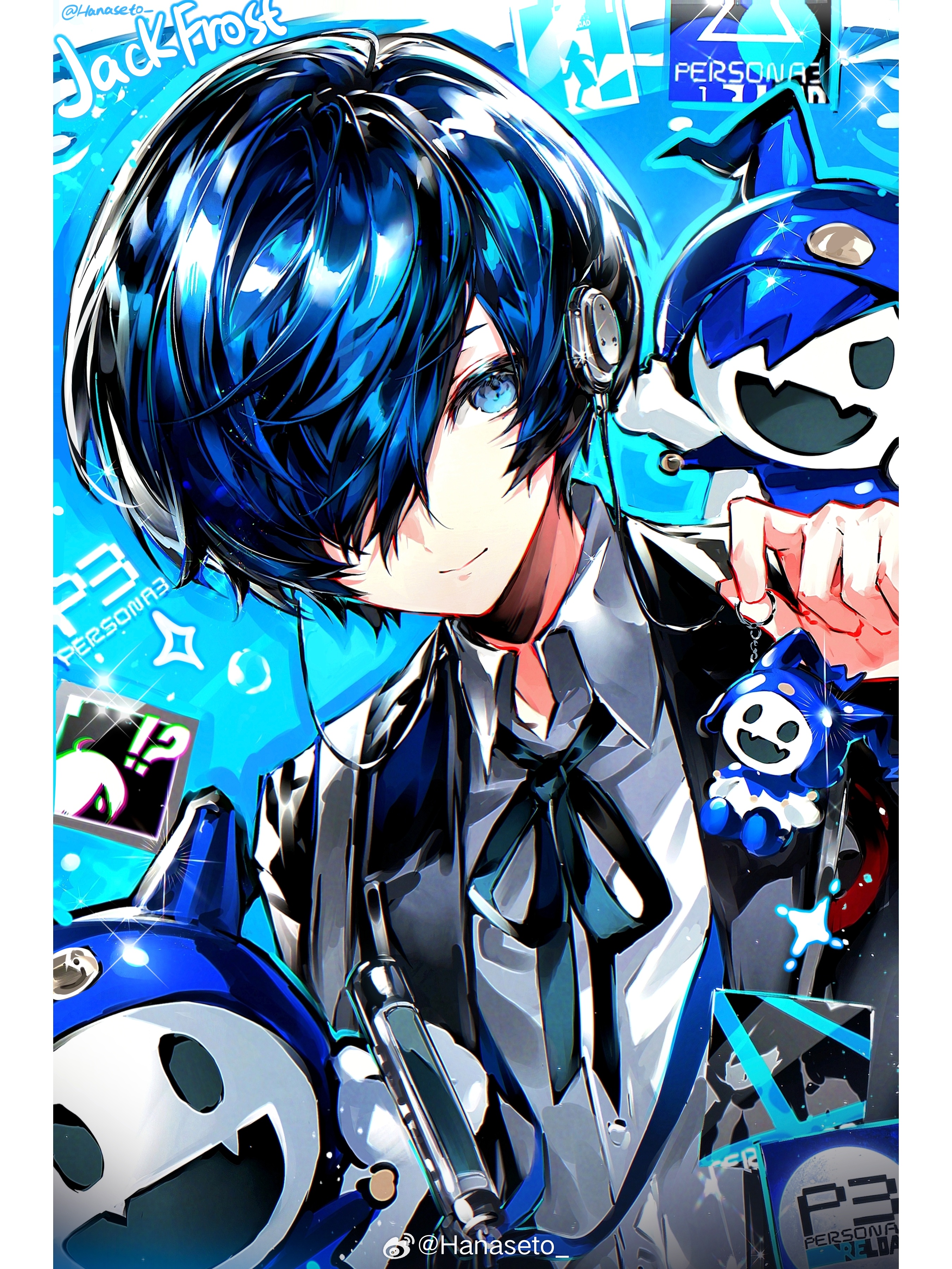 1boy absurdres black_jacket blue_background blue_eyes blue_hair character_charm charm_(object) chinese_commentary closed_mouth collared_shirt commentary_request copyright_name fangs gekkoukan_high_school_uniform hair_over_one_eye hanaseto headphones highres holding holding_charm jack_frost_(megami_tensei) jacket looking_at_viewer male_focus neck_ribbon persona persona_3 pillarboxed ribbon school_uniform shirt short_hair smile solo upper_body watermark weibo_watermark white_shirt yuuki_makoto_(persona_3)