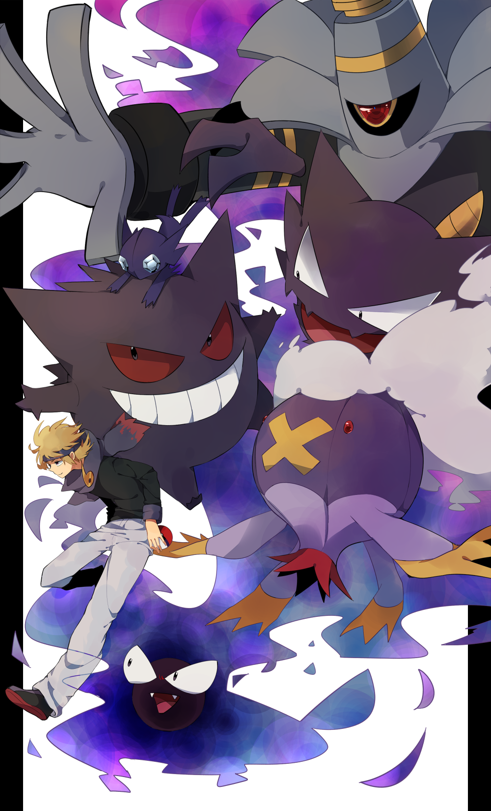 1boy black_border black_shirt black_shoes blonde_hair border colored_sclera colored_skin drifblim dusknoir fangs gastly gen_1_pokemon gen_3_pokemon gen_4_pokemon gengar ghost grey_pants grin haunter headband highres holding holding_poke_ball long_sleeves morty_(pokemon) multicolored_shoes nintendo open_mouth pants poke_ball pokemon pokemon_(creature) pokemon_hgss purple_headband purple_scarf purple_skin red_eyes red_sclera red_shoes sableye sameyama_jiro scarf shirt shoes short_hair smile teeth two-tone_shoes yellow_eyes