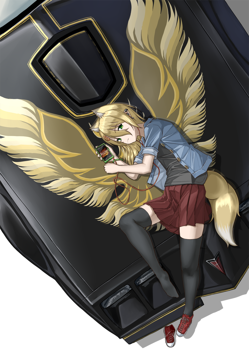 1girl animal_ear_fluff animal_ears arai_kogane bird black_car black_thighhighs blonde_hair blue_jacket bracelet brown_skirt car cellphone commentary converse ear_piercing earbuds earphones english_commentary fox_ears fox_girl fox_tail from_above green_eyes grey_shirt hair_between_eyes hair_ornament highres holding holding_phone jacket jewelry listening_to_music logo lying motor_vehicle muscle_car on_side open_clothes open_jacket original phoenix phone piercing pleated_skirt pontiac pontiac_firebird pontiac_firebird_trans_am product_placement red_footwear shirt shoes short_hair simple_background single_shoe skirt smartphone smartphone_case sneakers tail thighhighs unworn_shoes white_background zettai_ryouiki