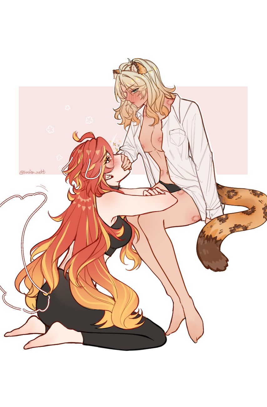 2girls animal_ears barefoot bite_mark bite_mark_on_breast bite_mark_on_thigh black_pants black_sports_bra blonde_hair blush closed_mouth commentary covering_another&#039;s_mouth drawn_tail earrings english_commentary genshin_impact gradient_hair highres jaguar_ears jaguar_girl jaguar_tail jewelry long_hair luluce mavuika_(genshin_impact) multicolored_hair multiple_girls pants pink_background red_hair sitting sports_bra tail two-tone_background white_background xilonen_(genshin_impact) yuri