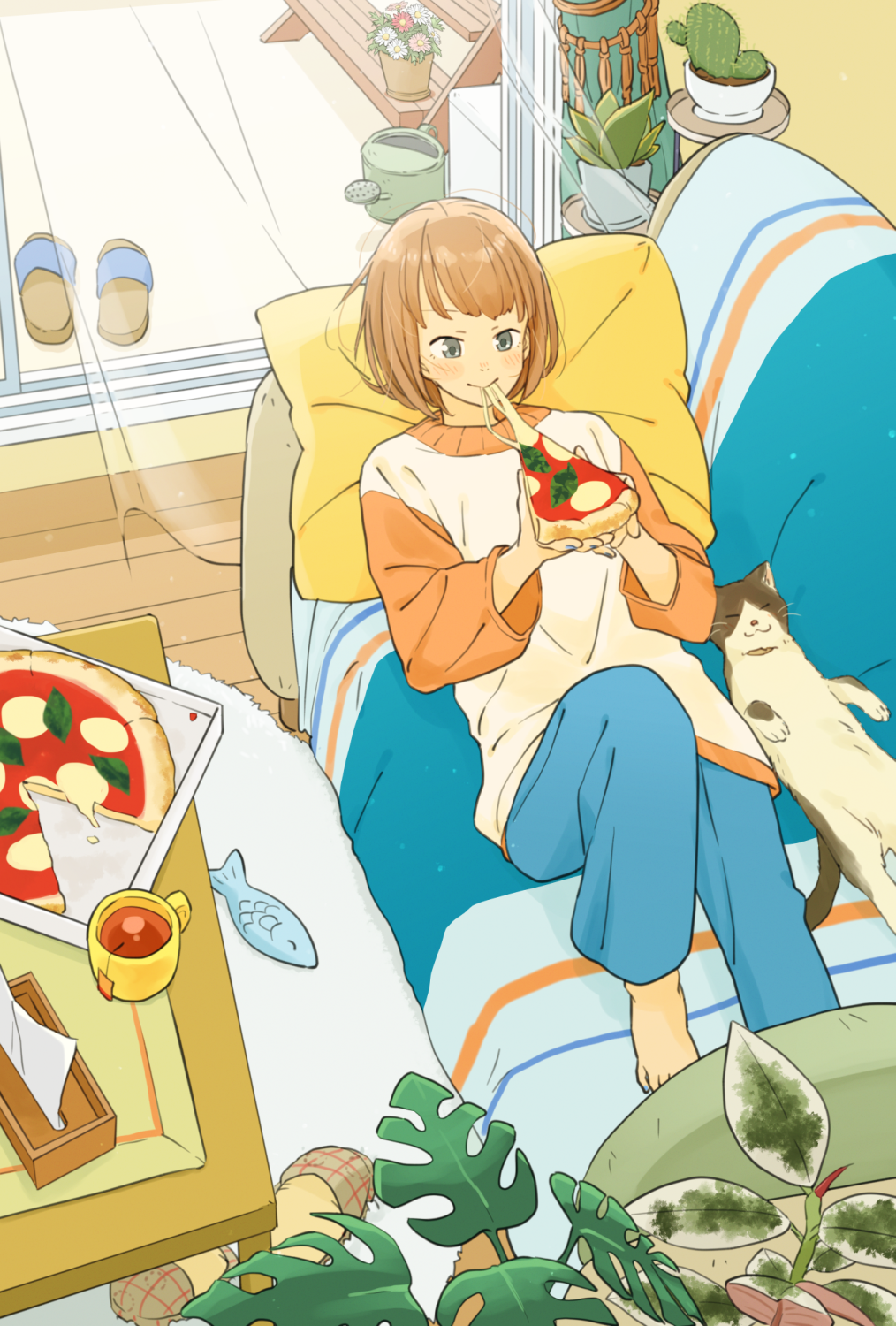 1girl animal barefoot brown_hair cactus cat cheese cheese_trail commentary_request couch cup curtains eating food glass_door grey_eyes highres holding holding_food holding_pizza indoors long_sleeves loungewear lying matsumine_(twin-mix) mug on_back on_couch original pants pillow pizza pizza_box pizza_slice plant potted_plant see-through_curtains short_hair sliding_doors slippers smile solo sunlight sweater table tea tissue_box toy watering_can