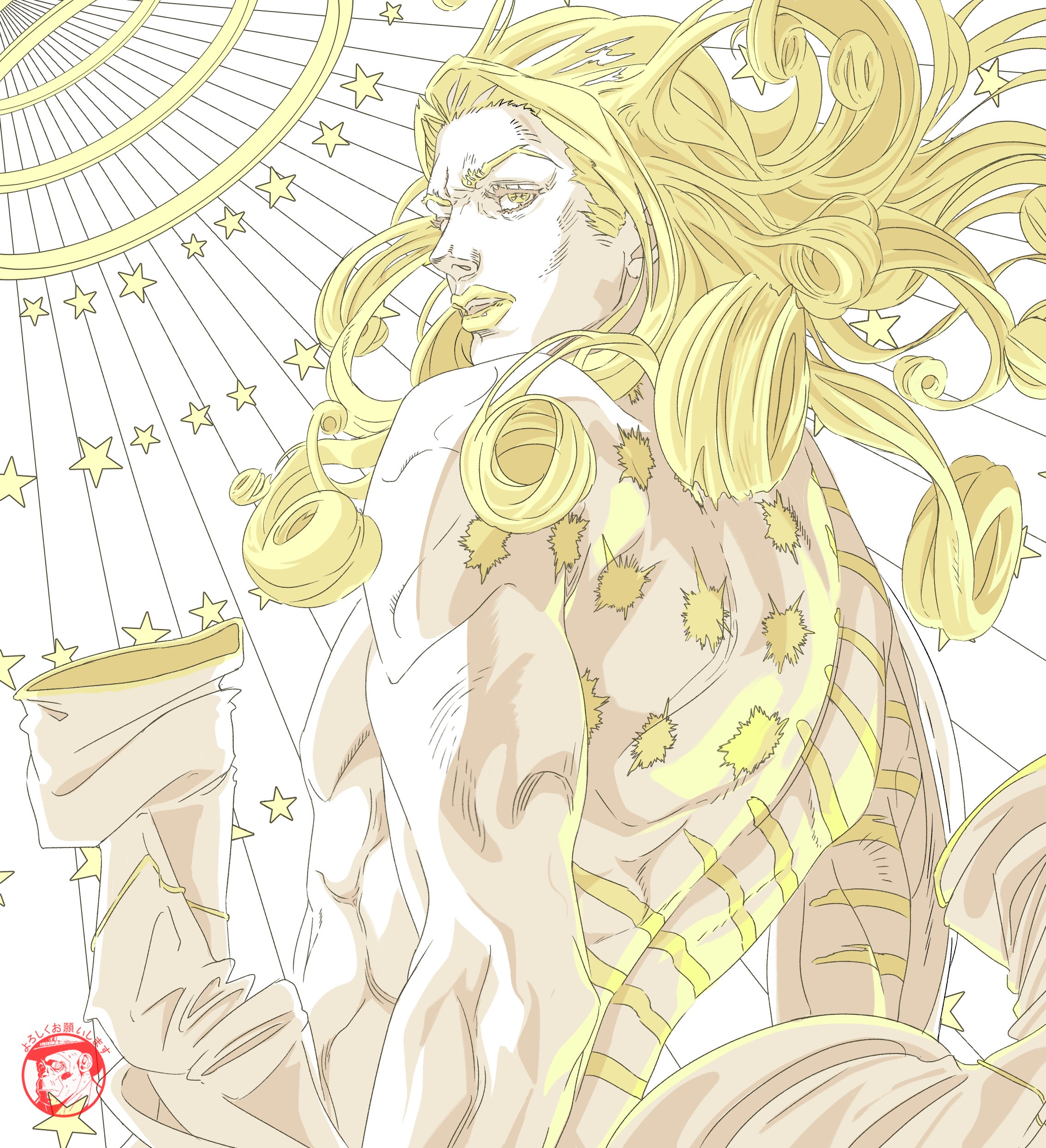 absurdres american_flag american_flag_print araki_hirohiko_(style) coat cropped_torso curly_hair flag_print from_behind funny_valentine grandguerrilla highres jojo_no_kimyou_na_bouken limited_palette long_hair looking_at_viewer male_focus monochrome parted_lips scar scar_on_back solo_focus steel_ball_run three_quarter_view topless_male unworn_coat