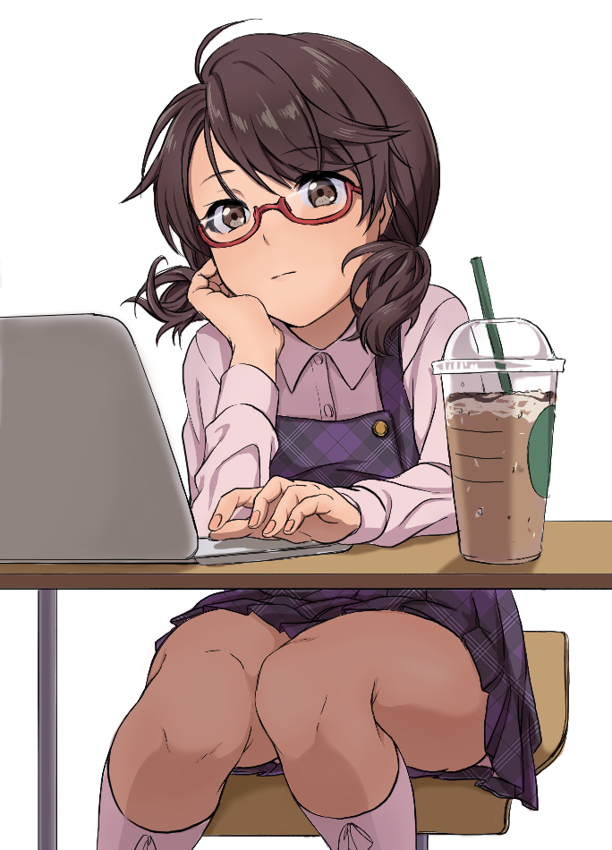 1girl bored brown_eyes brown_hair chair closed_mouth collar computer cup disposable_coffee_cup disposable_cup drink hand_on_own_cheek hand_on_own_face laptop long_sleeves looking_at_screen medium_hair purple_skirt red-framed_eyewear ribbon school_uniform shirt simple_background sitting skirt socks solo swept_bangs touhou toujou_(toujou_ramen) typing usami_sumireko white_background white_collar white_ribbon white_shirt white_socks