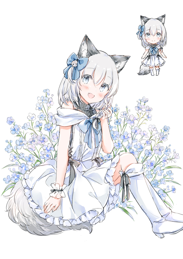 1girl :d animal_ear_fluff animal_ears bare_shoulders bell black_shirt blue_bow blue_eyes blue_flower blush boots bow braid closed_mouth commentary_request dress flower grey_hair hair_bell hair_between_eyes hair_bow hair_ornament hand_up high_heel_boots high_heels jingle_bell knee_boots looking_at_viewer multiple_views one_side_up open_mouth original ribbed_shirt shirt simple_background single_braid sitting smile standing tail turtleneck wataame27 white_background white_dress white_footwear wrist_cuffs