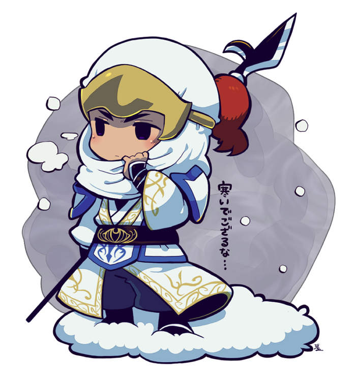 1boy black_eyes blush breath chibi chibi_only closed_mouth full_body holding holding_polearm holding_weapon kotorai lance long_sleeves looking_ahead male_focus no_nose polearm shin_sangoku_musou snow solo standing translated weapon white_hood xu_huang