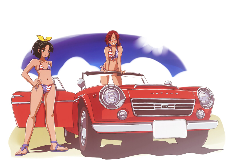 10s 2girls alternate_costume american_flag american_flag_bikini american_flag_print bikini blue_bikini car datsun day embarrassed fairladyz flag_print front-tie_bikini_top front-tie_top full_body green_eyes green_hair h26r half-closed_eyes halterneck hand_on_own_hip high_ponytail hino_akane_(smile_precure!) long_hair low_ponytail midorikawa_nao motor_vehicle multiple_girls nissan nissan_fairlady outdoors parted_bangs ponytail precure print_bikini raised_eyebrows red_bikini red_eyes red_hair sandals short_hair side-tie_bikini_bottom skindentation smile_precure! standing string_bikini striped_bikini striped_clothes swimsuit thighs vehicle_focus white_bikini