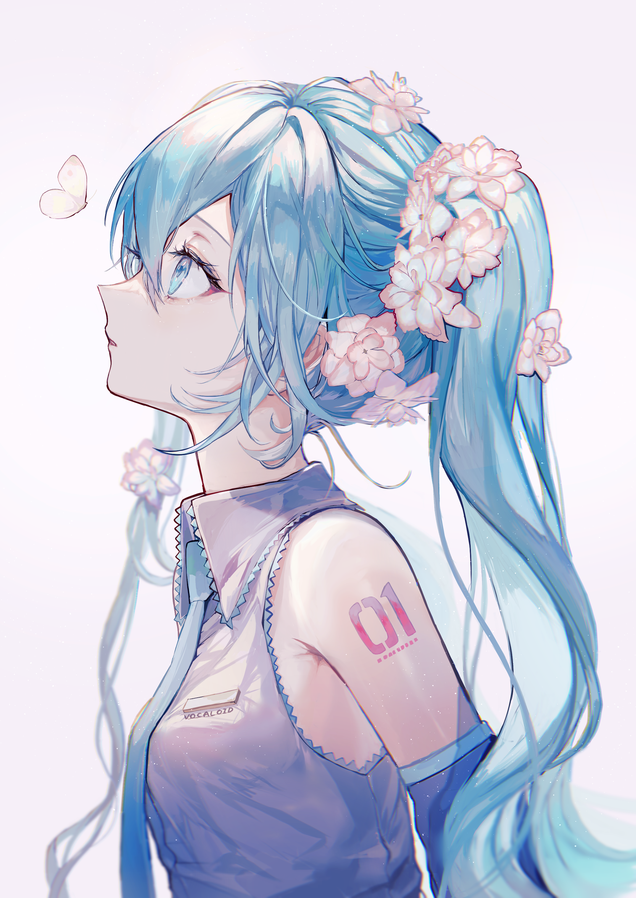 1girl absurdres arm_tattoo blue_eyes blue_hair blue_necktie collared_shirt copyright_name detached_sleeves flower from_side grey_shirt grey_sleeves hair_flower hair_ornament hatsune_miku highres long_hair looking_up necktie parted_lips pipi_(pipinavigation) profile shirt sleeveless sleeveless_shirt solo tattoo twintails upper_body vocaloid white_flower wing_collar