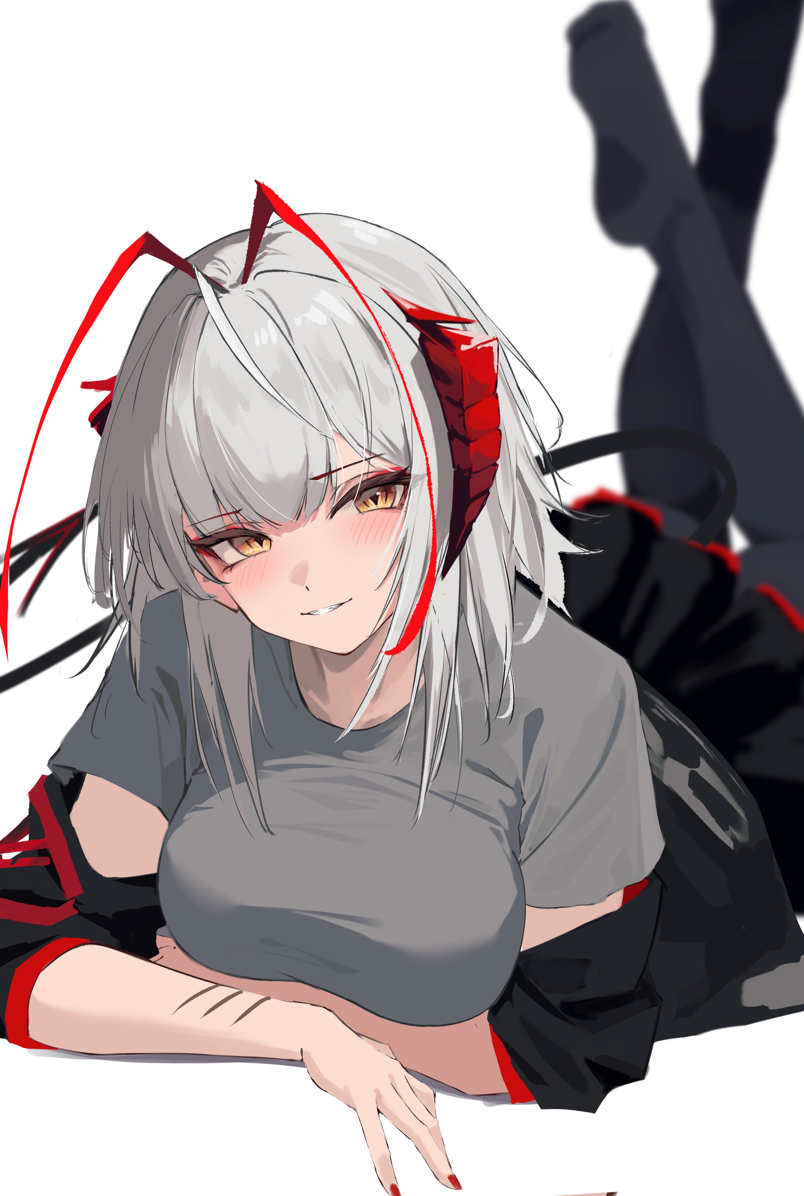 1girl absurdres antenna_hair arknights artistic_error black_pantyhose blurry blush feet_up fingernails grey_hair grey_shirt highres looking_at_viewer lying medium_hair multicolored_hair nail_polish nekomatamago on_stomach pantyhose red_hair red_nails scar scar_on_arm shirt short_sleeves simple_background solo streaked_hair t-shirt the_pose w_(arknights) white_background yellow_eyes