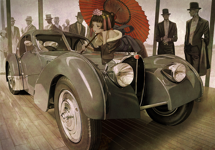 1girl 6+boys bare_shoulders beard bent_over black_hair bugatti bugatti_type_57sc_atlantic car facial_hair floor flower fur_trim geisha grey_car hair_flower hair_ornament half-closed_eyes hat jitome lipstick makeup motor_vehicle multiple_boys murata_range mustache off_shoulder oil-paper_umbrella original pale_skin tailcoat umbrella vehicle_focus wooden_floor