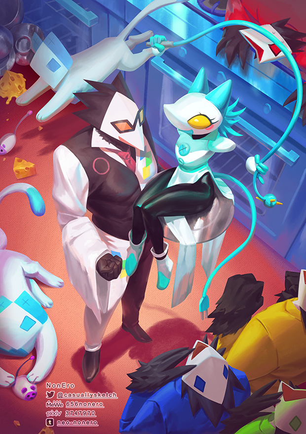 1girl 4boys animal_ears beak blue_hair cable cable_tail carrying carrying_person cat_ears deltarune diozero disembodied_hand electric_plug electric_plug_tail flail formal_clothes from_above heterochromatic_eyewear maus_(deltarune) mechanical_tail multiple_boys necktie open_mouth oven sitting_on_arm smile suit swatch_(deltarune) swatchling_(deltarune) tail tasque_(deltarune) tasque_manager tinted_eyewear tray vest waistcoat weapon