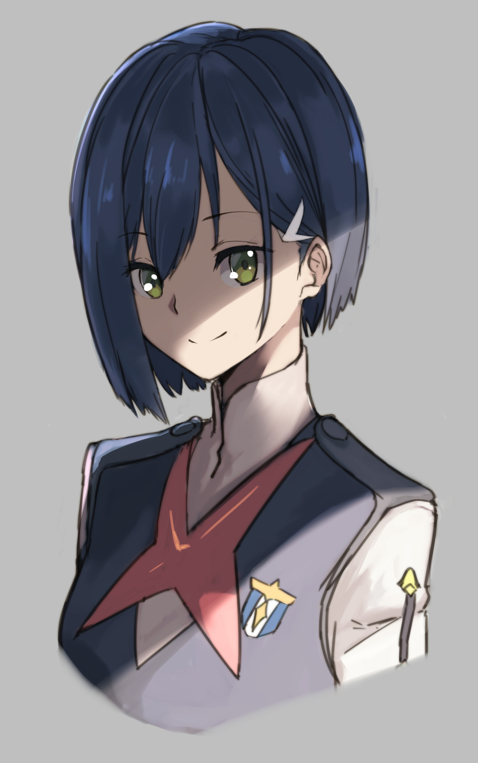 1girl ankimo_(nirudo) arms_at_sides asymmetrical_hair blue_hair bob_cut breasts close-up closed_mouth commentary darling_in_the_franxx dress emblem from_side green_eyes grey_background grey_dress hair_between_eyes hair_ornament hairclip high_collar highres ichigo_(darling_in_the_franxx) long_hair_between_eyes looking_at_viewer looking_to_the_side portrait short_hair simple_background small_breasts smile solo uniform white_dress