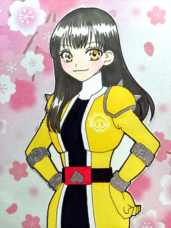 1girl avataro_sentai_donbrothers belt bodysuit brown_hair floral_background hands_on_own_hips kito_haruka kwai_chi long_hair looking_at_viewer no_headwear no_headwear oni_sister smile spikes standing super_sentai yellow_bodysuit yellow_eyes
