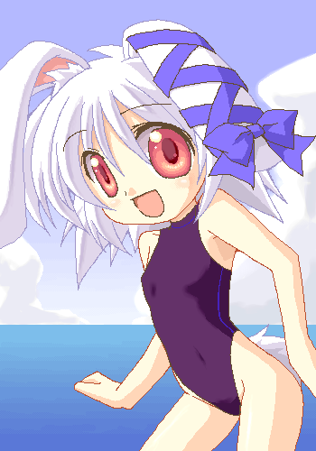 1girl albino animal_ears beach day female_focus lowres oekaki one-piece_swimsuit original rabbit_ears red_eyes shirokuro_(lapinnoir) short_hair solo swimsuit white_hair