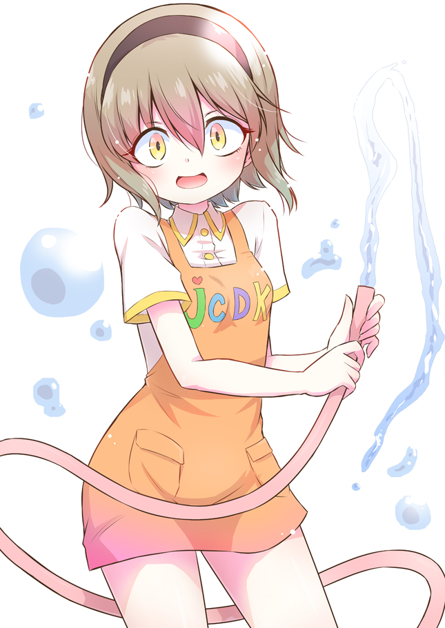 1girl apron brown_hair collared_shirt hair_between_eyes hairband holding holding_hose hose jashin-chan_dropkick kindergarten_teacher kindergarten_uniform looking_at_viewer medium_hair muu_rian open_mouth pekora_(jashin-chan_dropkick) pocket shirt short_sleeves simple_background smile solo standing water water_drop white_background white_shirt yellow_eyes