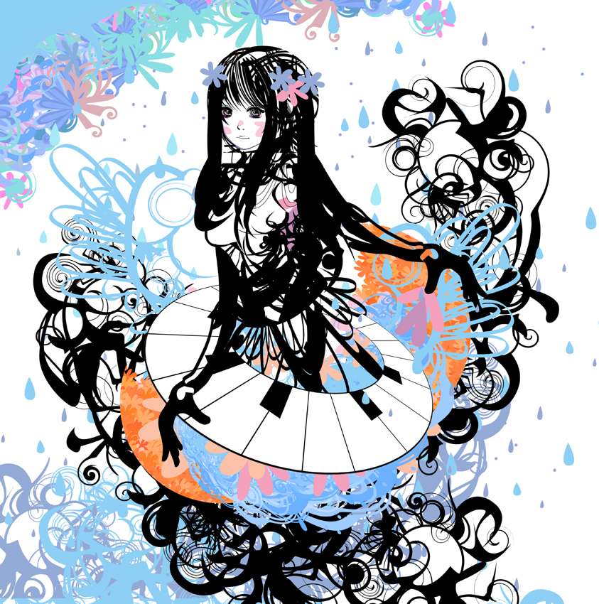 1girl abstract black_hair blush colorful flower hair_flower hair_ornament ink kazaana lips long_hair melting multicolored_background original piano_print psychedelic rain spiral surreal