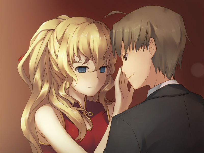 1boy 1girl ahoge artist_request bare_shoulders black_jacket blind blonde_hair blue_eyes brown_eyes brown_hair china_dress chinese_clothes closed_mouth dress eyelashes formal_clothes game_cg hand_on_another&#039;s_face jacket katawa_shoujo long_hair nakai_hisao non-web_source official_alternate_costume official_art ponytail red_dress satou_lilly shirt sleeveless sleeveless_dress smile white_shirt