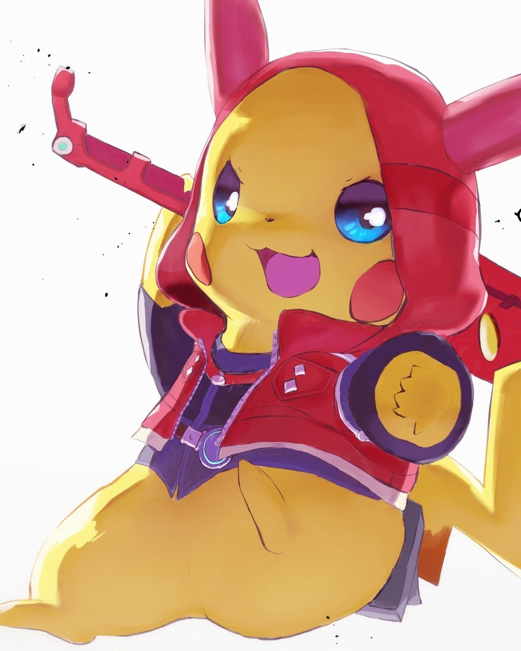 :3 animal_focus arm_up backlighting belt black_shirt blue_eyes blush_stickers bottomless clothed_pokemon cosplay fox_heart full_body gen_1_pokemon happy highres holding holding_sword holding_weapon hood hooded_vest hoodie jpeg_artifacts long_sleeves looking_at_viewer monado nintendo no_humans open_clothes open_mouth open_vest outstretched_arm pikachu pokemon pokemon_(creature) pouch red_vest shirt shulk_(xenoblade) shulk_(xenoblade)_(cosplay) simple_background smile solo sword vest weapon white_background xenoblade_chronicles:_future_connected xenoblade_chronicles_(series) xenoblade_chronicles_1