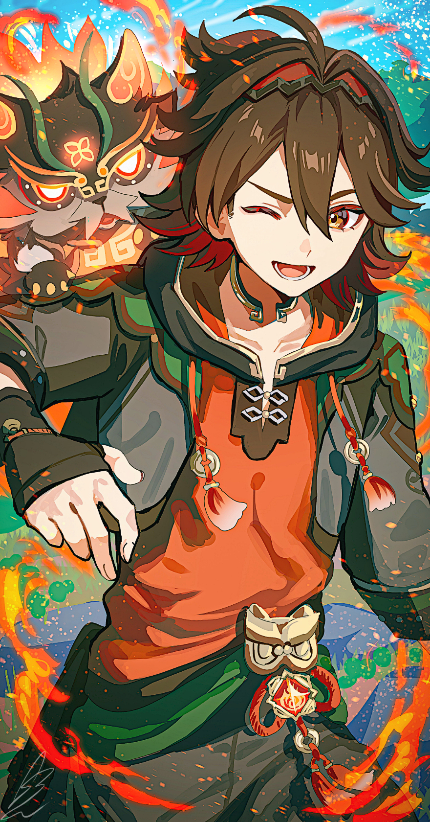 1boy black_gloves black_hood brown_eyes brown_hair commentary_request cowlick day drawstring fingerless_gloves fingernails gaming_(genshin_impact) gem genshin_impact gloves hair_between_eyes half_updo hand_up highres hood hood_down lower_teeth_only male_focus man_chai_(genshin_impact) medium_hair one_eye_closed open_mouth outdoors pyro_symbol_(genshin_impact) red_gemstone red_shirt shibuki_kamone shirt solo tassel teeth vision_(genshin_impact)