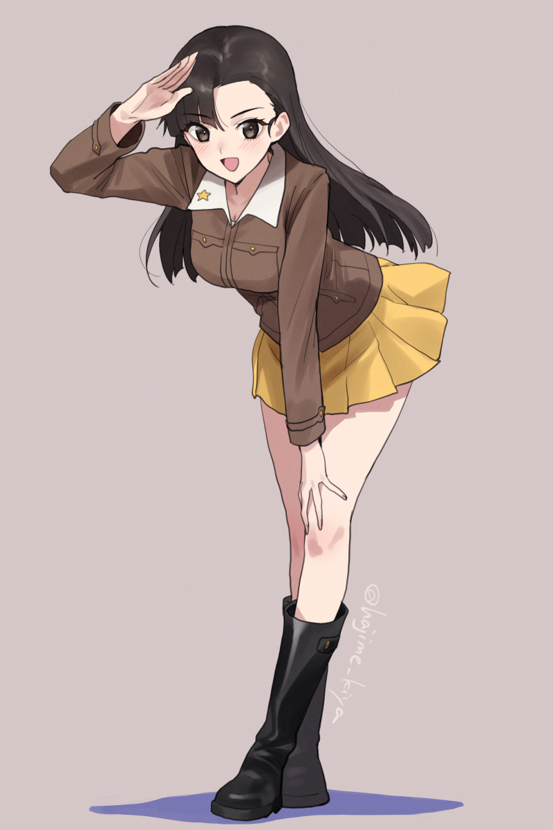1girl artist_name asymmetrical_bangs black_hair boots breasts brown_jacket chi-hatan_military_uniform commentary_request full_body girls_und_panzer grey_background hand_on_own_knee highres jacket kiya_hajime knee_boots large_breasts leaning_forward long_hair long_sleeves looking_at_viewer miniskirt nishi_kinuyo open_mouth pleated_skirt salute simple_background skirt smile solo standing twitter_username yellow_skirt