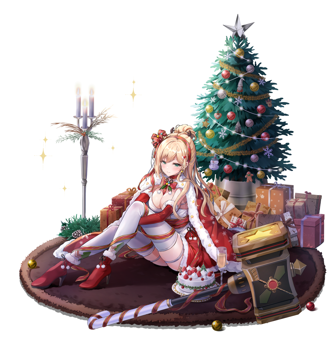 1girl ankle_boots artist_request berry black_ribbon blonde_hair blush boots box breasts cake candle candle_stand candy_print cape choker christmas christmas_cake christmas_ornaments christmas_tree christmas_tree_ornament christmas_tree_print circle_print cleavage cookie cup diagonal-striped_ribbon diamond_(shape) diamond_pattern diamond_print drinking_glass earrings elbow_gloves fake_antlers final_gear floral_print food food_print fruit full_body gift gift_box gingerbread_man gloves green_eyes hair_ornament hair_ribbon half_updo heart_ornament high_heel_boots high_heels high_ponytail highres jewelry knot leg_wrap lights looking_at_viewer mallet margaret_(final_gear) official_art on_floor orange_ribbon pinstripe_ribbon pom_pom_(clothes) ponytail puffy-trimmed_cape puffy-trimmed_footwear puffy-trimmed_gloves puffy-trimmed_skirt purple_ribbon rectangle_print red_boots red_cape red_choker red_gloves red_ribbon red_skirt ribbon rug santa_hat_hair_ornament simple_background sitting skirt snowflake_ornament snowflake_print snowman_ornament solo sparkle star-shaped_cookie star-shaped_food star_(symbol) star_earrings star_ornament star_print strawberry striped_ribbon tachi-e thigh_strap thighhighs third-party_source transparent_background triangle_print two-tone_ribbon white_ribbon white_thighhighs wine_glass zig-zag_pattern