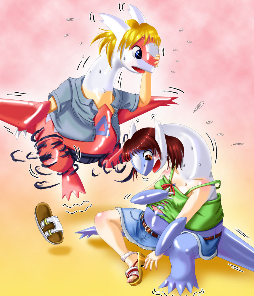 blonde_hair blue_eyes brown_eyes edmol gen_3_pokemon latias latios legendary_pokemon nintendo pokemon pokemon_(creature) red_hair transformation