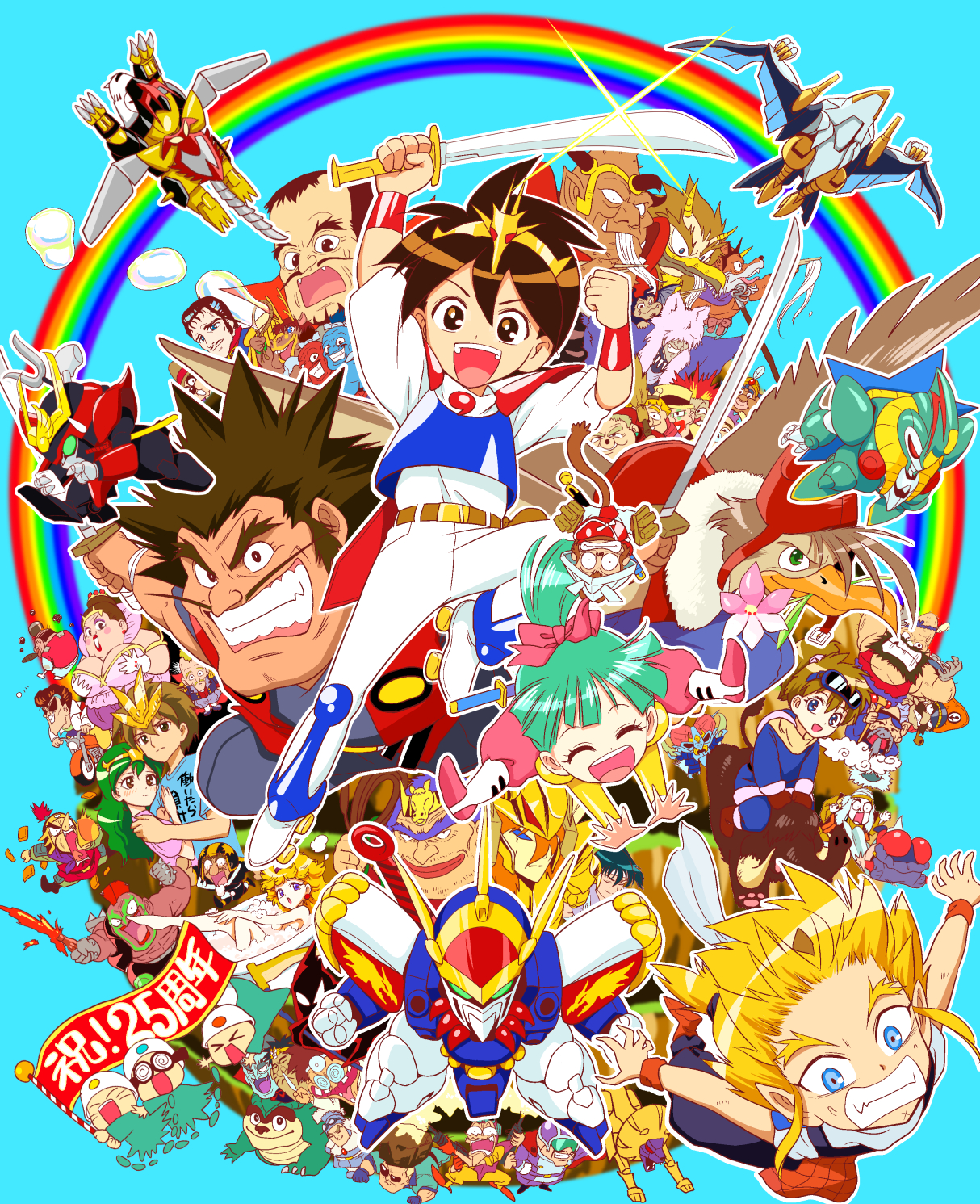 6+boys anniversary bathtub beard black_eyes blonde_hair blue_eyes bow breasts brown_hair bubble character_request cleavage commentary_request dress everyone closed_eyes facial_hair fang goggles goggles_on_head green_hair hat helmet highres horns ikusabe_wataru long_hair mashin_eiyuuden_wataru mecha mohawk multiple_boys multiple_girls mustache open_mouth ponytail purple_eyes rainbow red_hair robot ryuujinmaru shinobibe_genryuusai shinobibe_himiko short_hair smile sword toraou translation_request tsurugibe_shibaraku wataribe_kurama weapon wings wristband yamashita_bungo yuuki_(wataru)