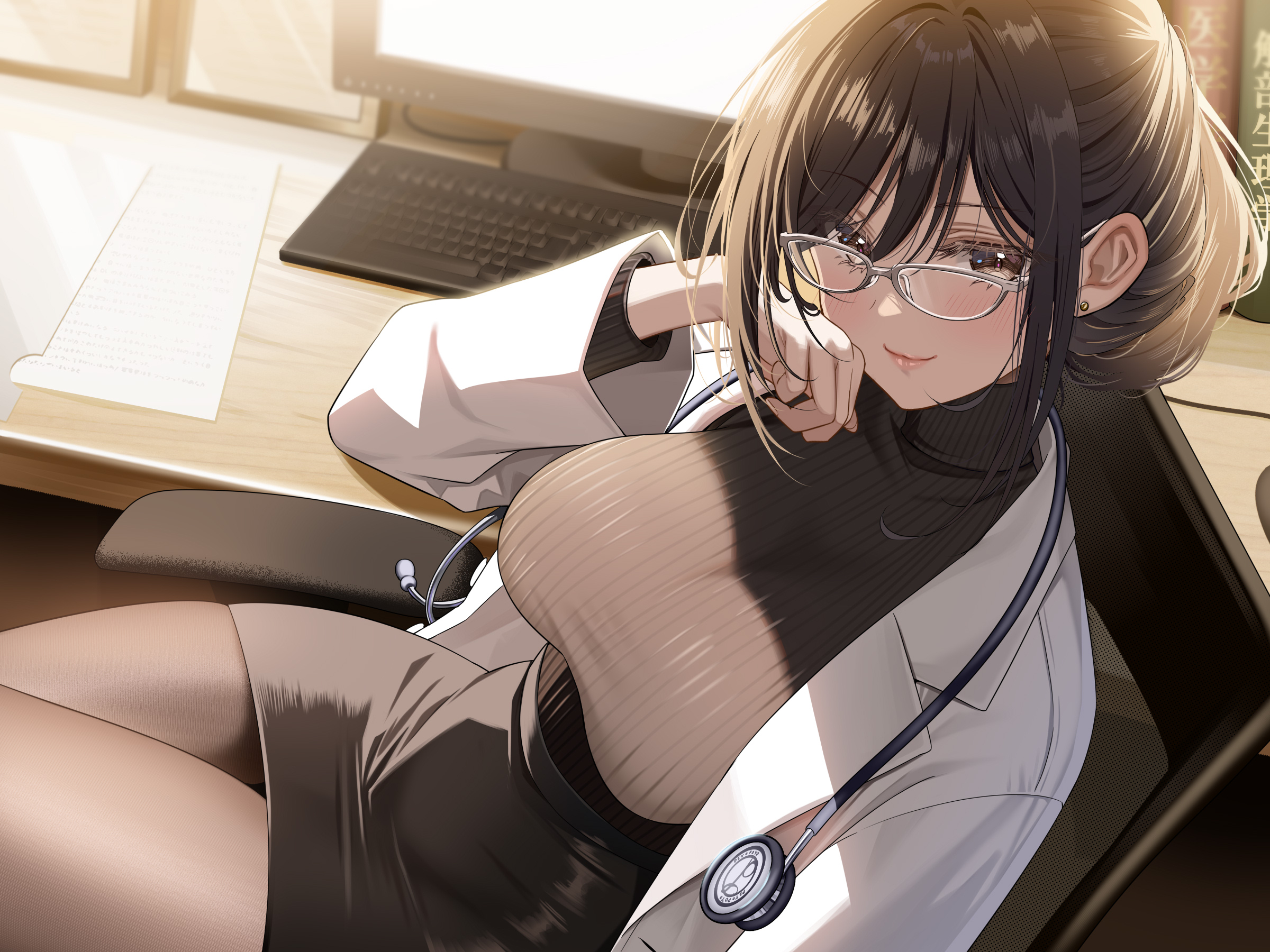 1girl backlighting black_hair black_skirt black_sweater breasts brown_eyes brown_pantyhose chair closed_mouth coat computer glasses hand_up highres large_breasts long_sleeves looking_at_viewer looking_over_eyewear miniskirt on_chair open_clothes open_coat original pantyhose pencil_skirt piyopoyo ribbed_sweater short_hair sitting skirt smile solo stethoscope sweater sweater_tucked_in taut_sweater white-framed_eyewear white_coat