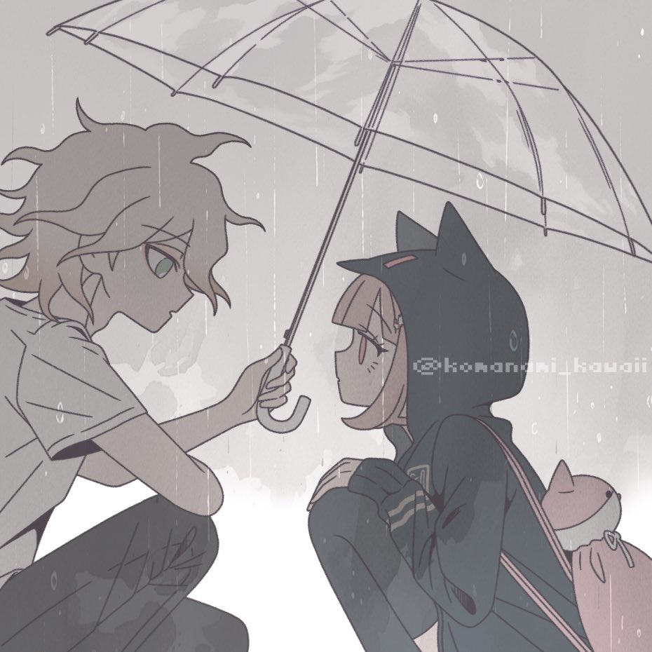 1boy 1girl :o animal_bag animal_ears black_jacket black_pants black_thighhighs brown_hair cat_bag danganronpa_(series) danganronpa_2:_goodbye_despair fake_animal_ears from_side grey_background grey_eyes grey_hair hood hood_up hooded_jacket jacket komaeda_nagito komanami_kawaii long_sleeves messy_hair nanami_chiaki no_jacket outdoors pants pink_bag pink_eyes profile rain short_sleeves spaceship_hair_ornament thighhighs