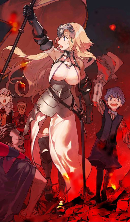 2girls 3girls archer_(fate) armor armored_dress banner black_hair blonde_hair blue_eyes blue_hair bow bowtie braid breasts craft_essence_(fate) crossed_arms dress fate/grand_order fate_(series) fine_art_parody fire floating_hair gilles_de_rais_(caster)_(fate) gilles_de_rais_(fate) grey_bow hans_christan_andersen_(fate/grand_order) hans_christian_andersen_(fate) holding holding_weapon jeanne_d&#039;arc_(fate) jeanne_d&#039;arc_(ruler)_(fate) jeanne_d&#039;arc_(third_ascension)_(fate) large_breasts liberty_leading_the_people long_hair looking_up multiple_girls olga_marie_animusphere open_mouth parody silver_hair very_long_hair weapon white_dress