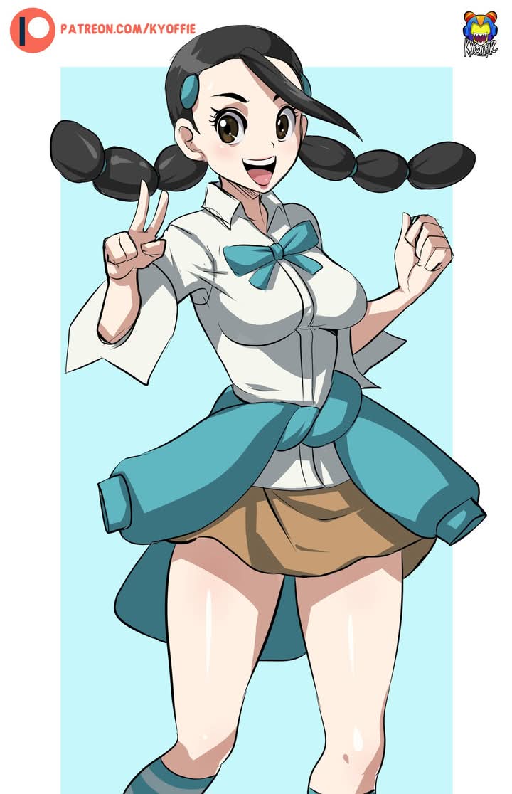 1girl black_hair breasts brown_eyes candice_(pokemon) clothes_around_waist kyoffie large_breasts miniskirt multi-tied_hair nintendo pokemon pokemon_dppt skirt socks sweater sweater_around_waist teeth upper_teeth_only v