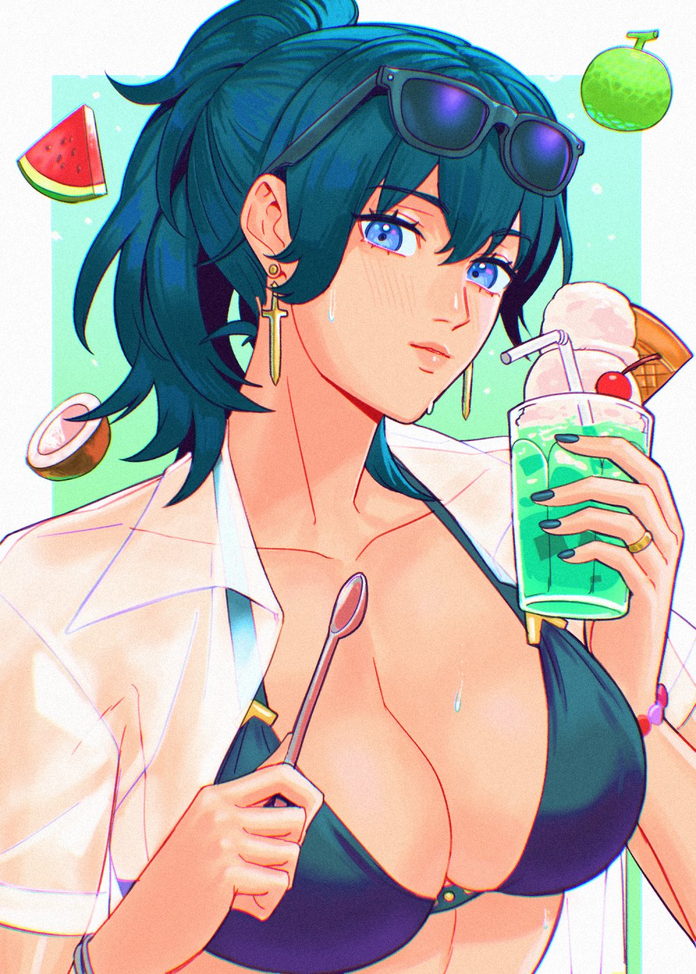 1girl blue_eyes blue_hair breasts cleavage commentary cup earrings eyewear_on_head female_byleth_(fire_emblem) fire_emblem fire_emblem:_three_houses highres holding holding_cup jewelry large_breasts looking_at_viewer nintendo open_clothes radiostarkiller see-through_clothes see-through_shirt shirt smile symbol-only_commentary upper_body white_shirt