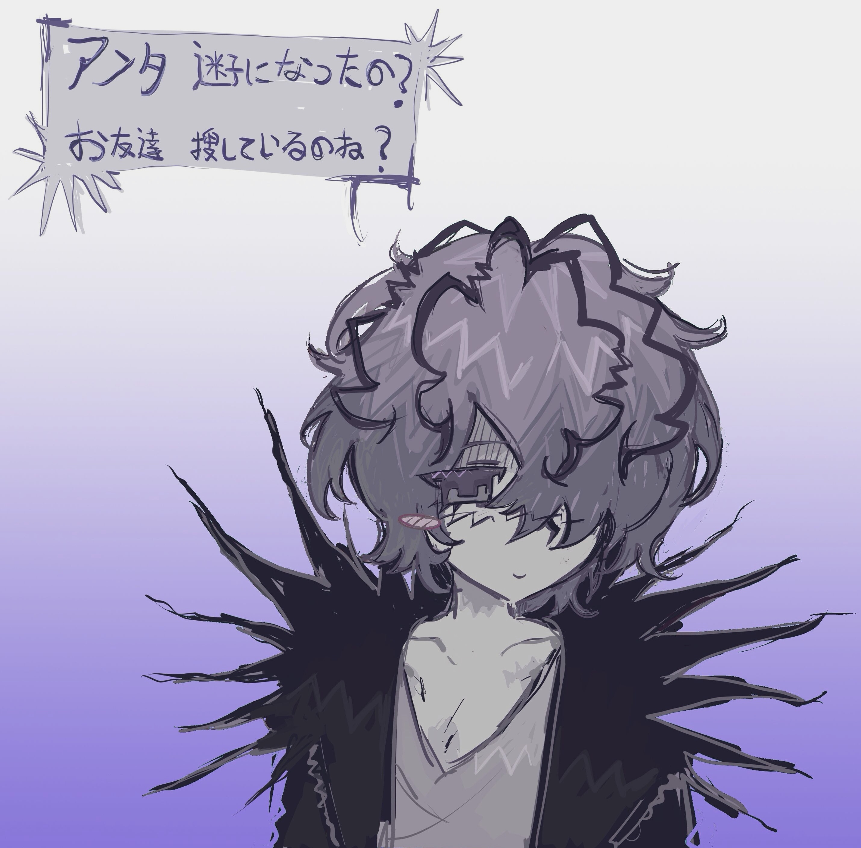 1boy absurdres black_hair black_jacket blush_stickers chinese_commentary closed_mouth commentary_request garry_(ib) gradient_background grey_eyes grey_hair grey_shirt hair_over_one_eye highres ib_(kouri) jacket male_focus multicolored_hair open_clothes open_jacket shirt short_hair single_blush_sticker smile solo translation_request two-tone_hair upper_body v-neck xiboliya_suanxing_shengwu