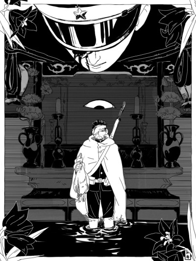 2boys bandage_over_one_eye beard bird black_hair blood blood_on_face coat covered_eyes dead_animal duck facial_hair flower golden_kamuy greyscale gun hanazawa_yusaku holding looking_at_viewer monochrome multiple_boys ogata_hyakunosuke short_hair star_(symbol) tokitoki_(lover) vase water weapon